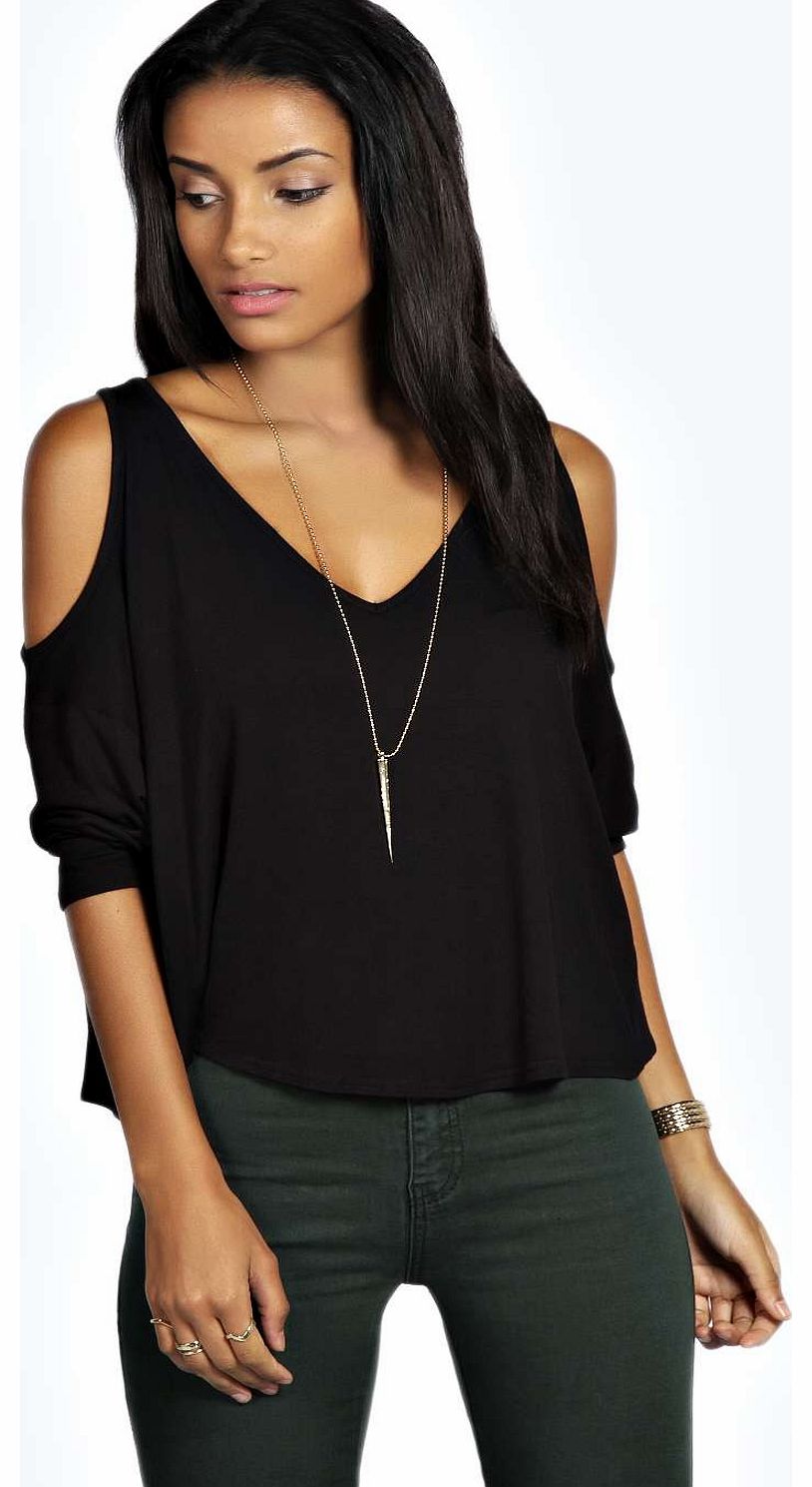 Natalia V Neck Cold Shoulder Top - black azz18352