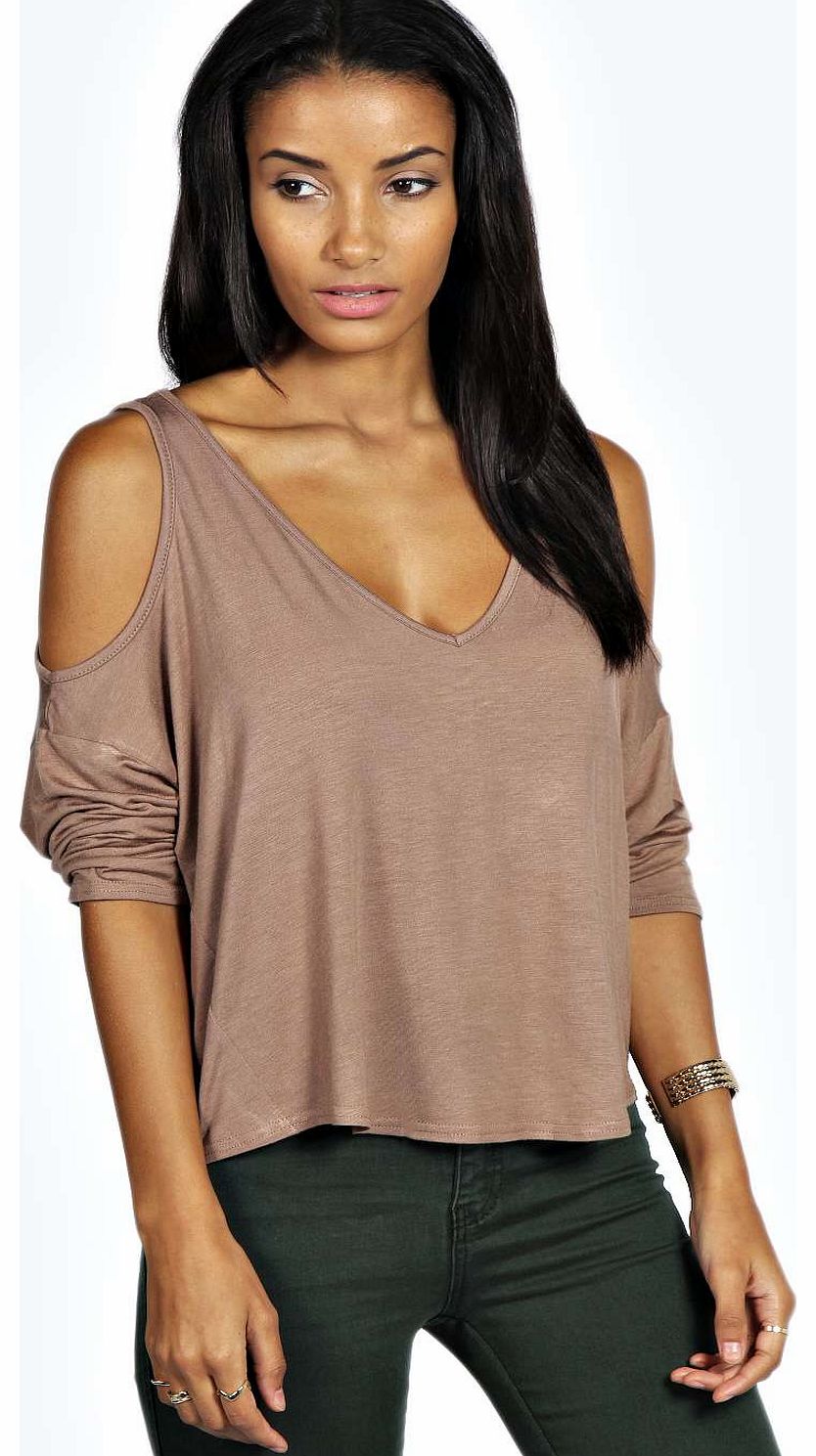 boohoo Natalia V Neck Cold Shoulder Top - mocha azz18352