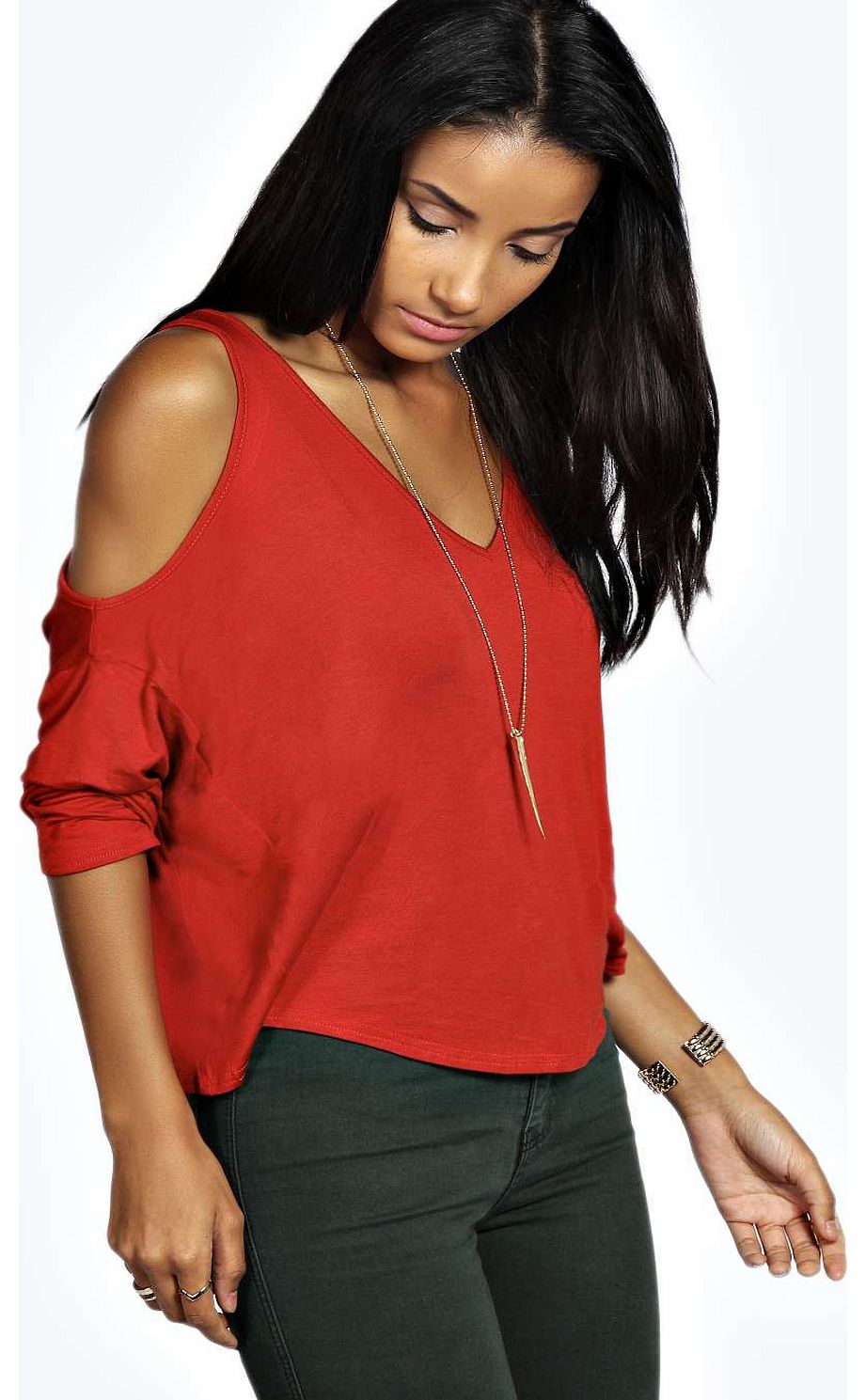 boohoo Natalia V Neck Cold Shoulder Top - rust azz18352