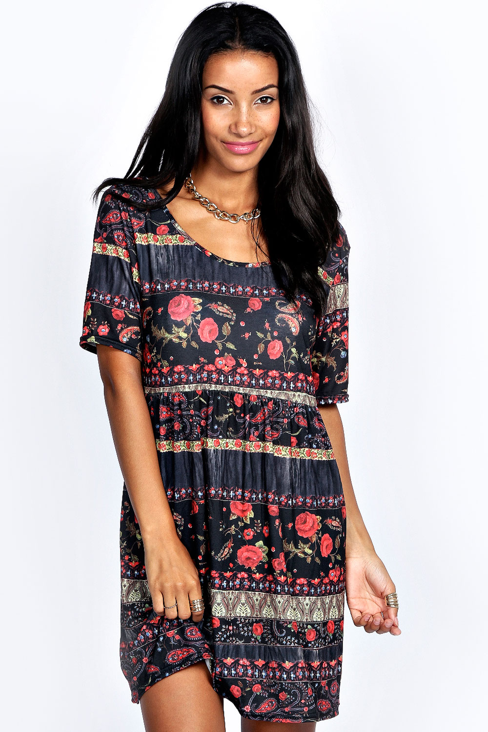 boohoo Neve Printed Keyhole Back Smock Dress -