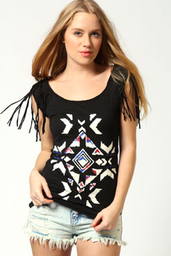 boohoo Nicole Aztec Print Tassle Shoulder T-Shirt Female