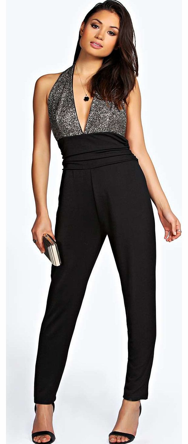 boohoo Norah Metallic Top Crepe Trouser Jumpsuit -