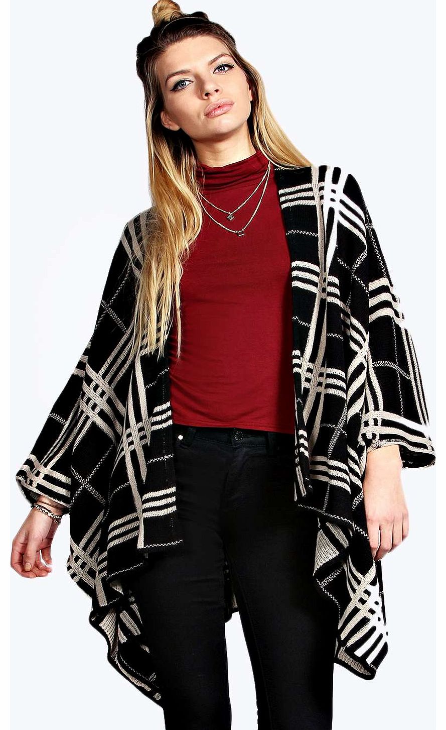 Olivia Grid Print Cape Cardigan - black azz17590