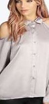 boohoo Open Shoulder Silky Blouse - grey azz20622