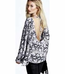boohoo Oversized Snakeskin Print Tie Back Blouse -