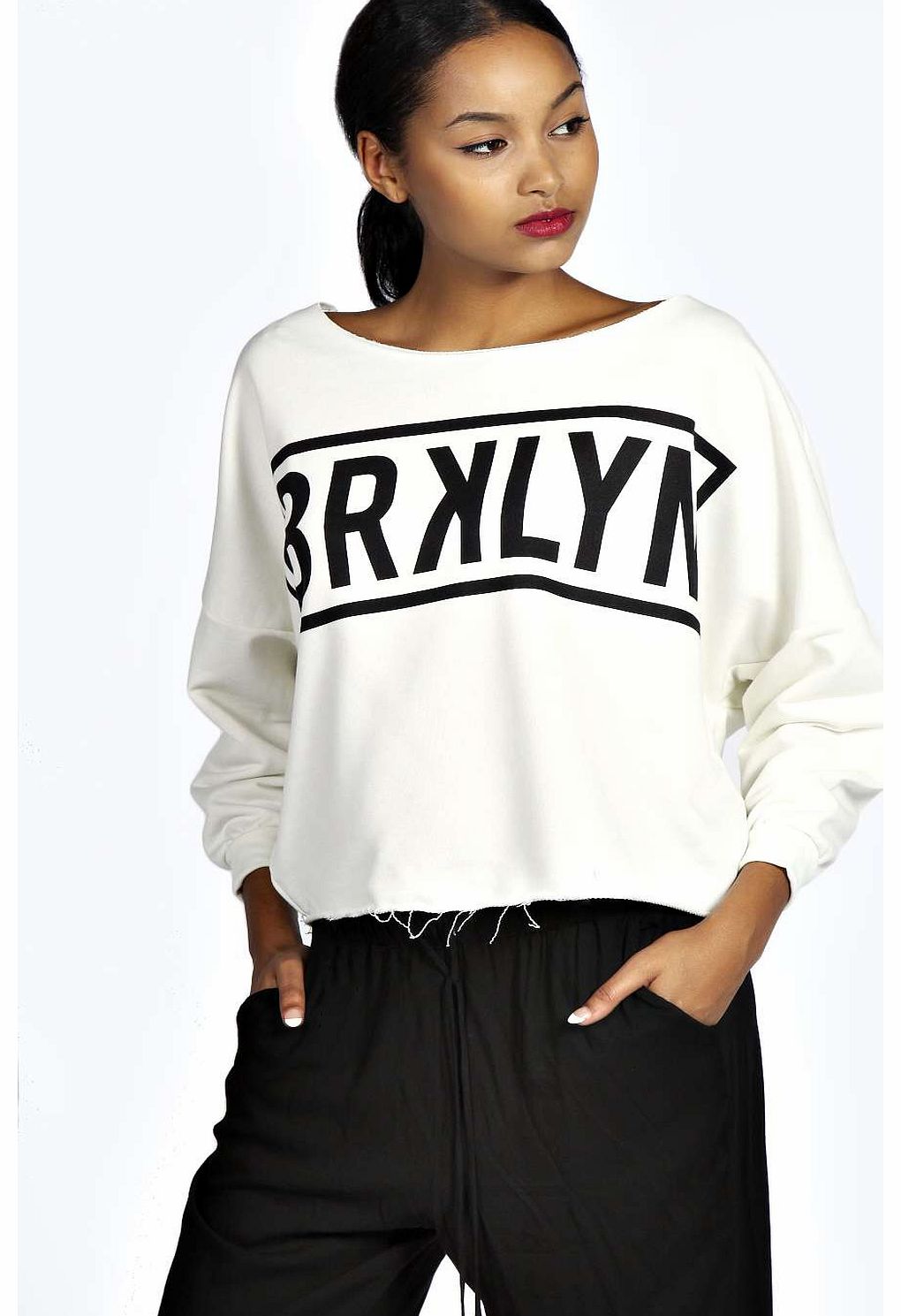 boohoo Paige Brooklyn Slash Neck Sweat - cream azz18705