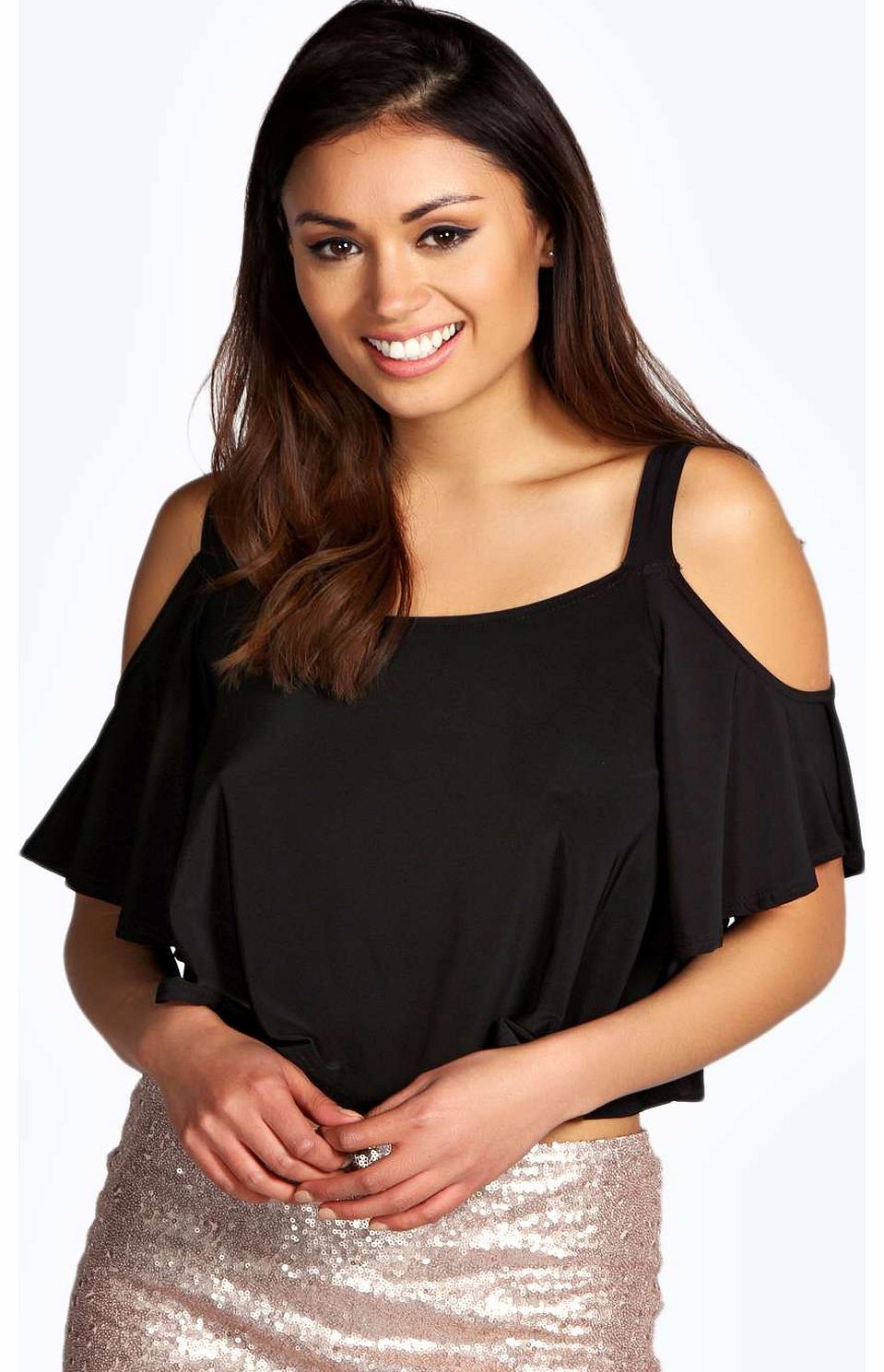 boohoo Paige Cut Out Shoulder Swing Top - black azz15367