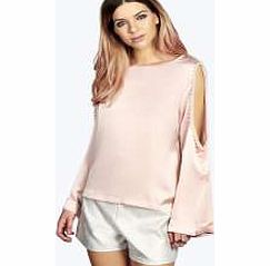 boohoo Pearl Trim Open Shoulder Silky Wide Cuff Blouse