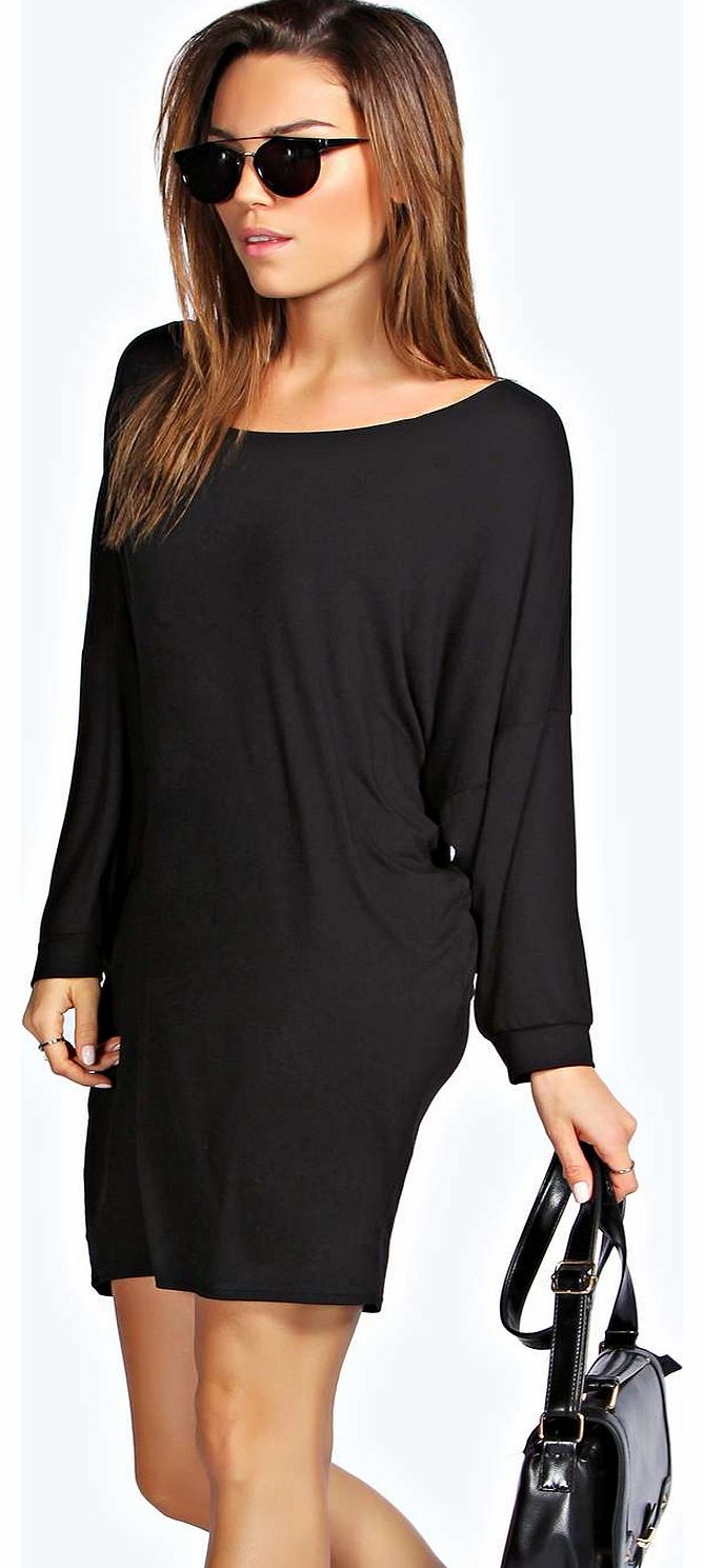boohoo Penelope Slash Neck Batwing Sleeve Dress - black