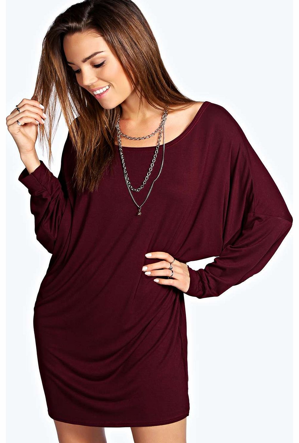 boohoo Penelope Slash Neck Batwing Sleeve Dress - grape
