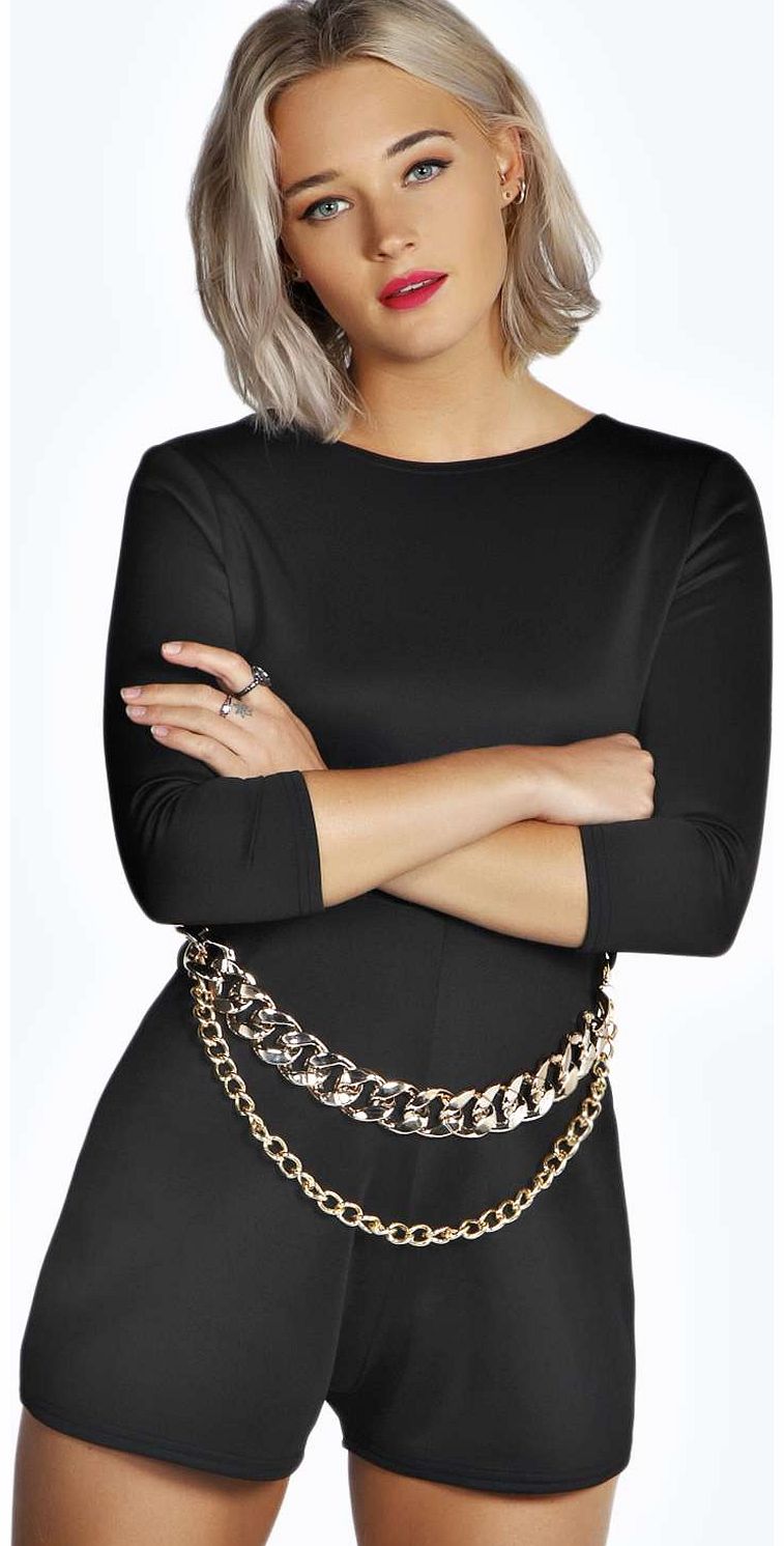 boohoo Penny Long Sleeve Chain Belt Playsuit - black