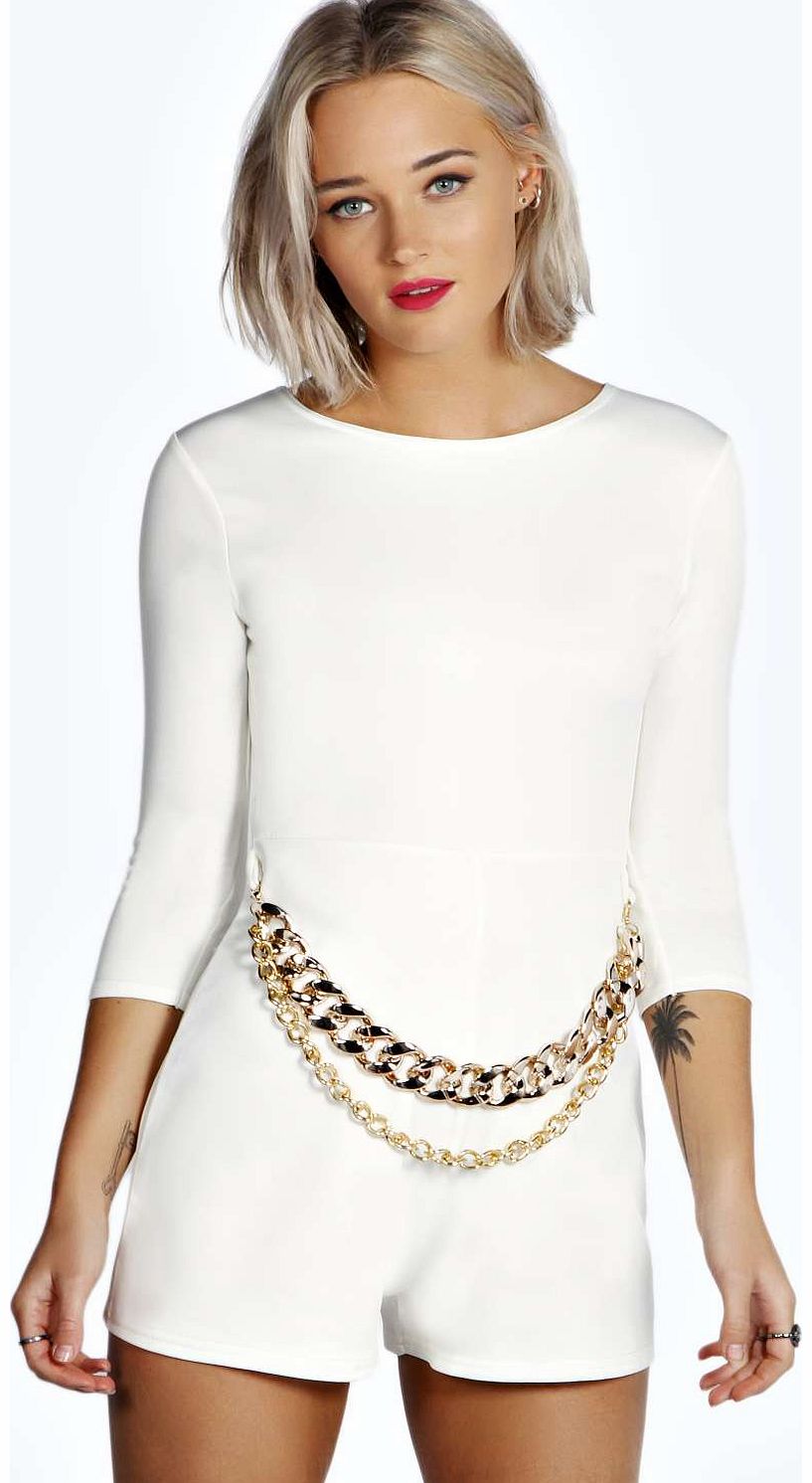 boohoo Penny Long Sleeve Chain Belt Playsuit - ivory