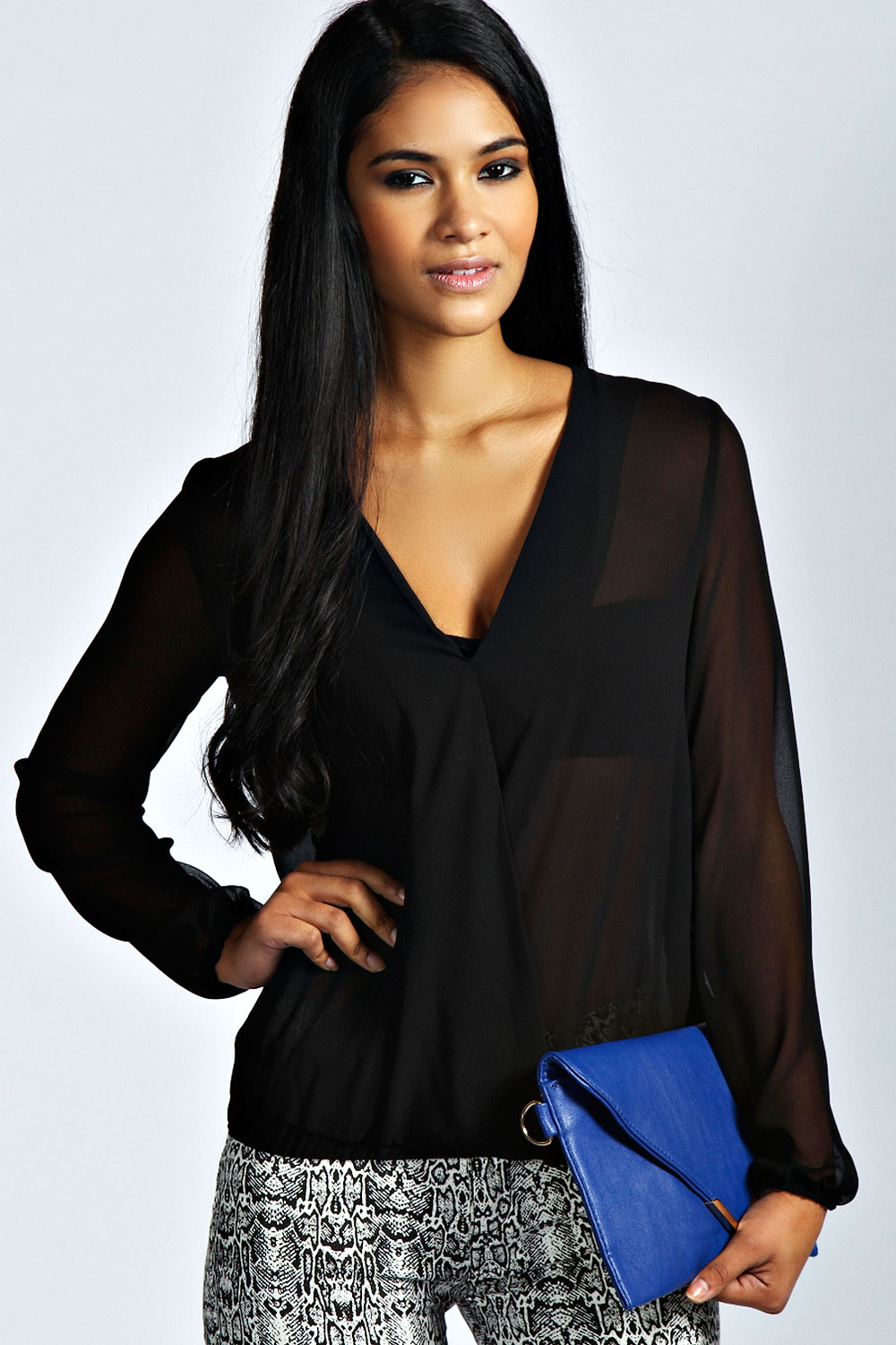 Penny Sheer Sleeve Wrap Front Blouse -