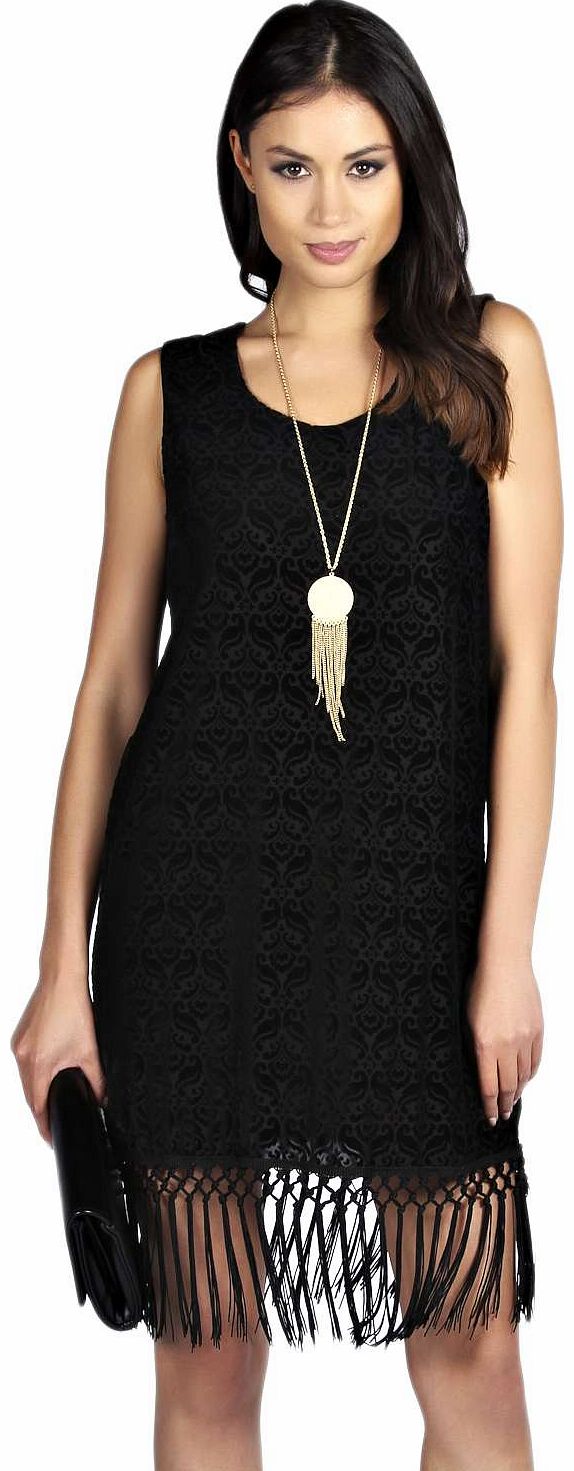 boohoo Philippa Devore Tassel Trim Shift Dress -