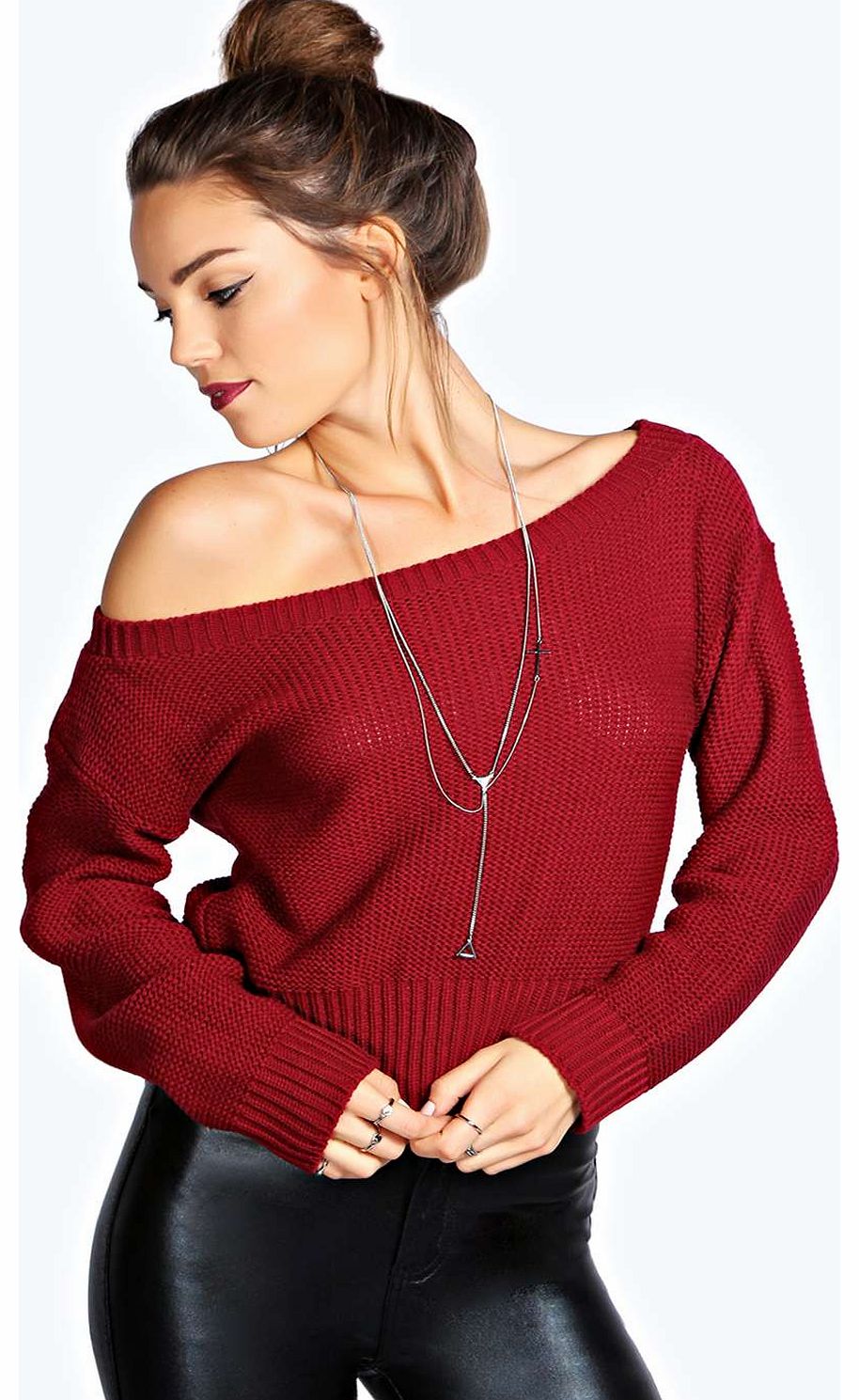 Pola Slash Neck Crop Jumper - wine azz17750