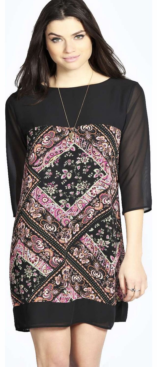 Polly Panel Print Chiffon Shift Dress - black