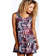 boohoo Polly Printed Pom Pom Detail Swing Dress - multi