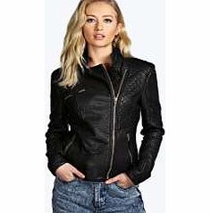 Quilted Faux Leather Biker Jacket - black azz14889