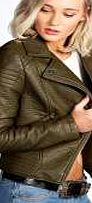boohoo Quilted Shoulder Rib Faux Leather Jacket - khaki