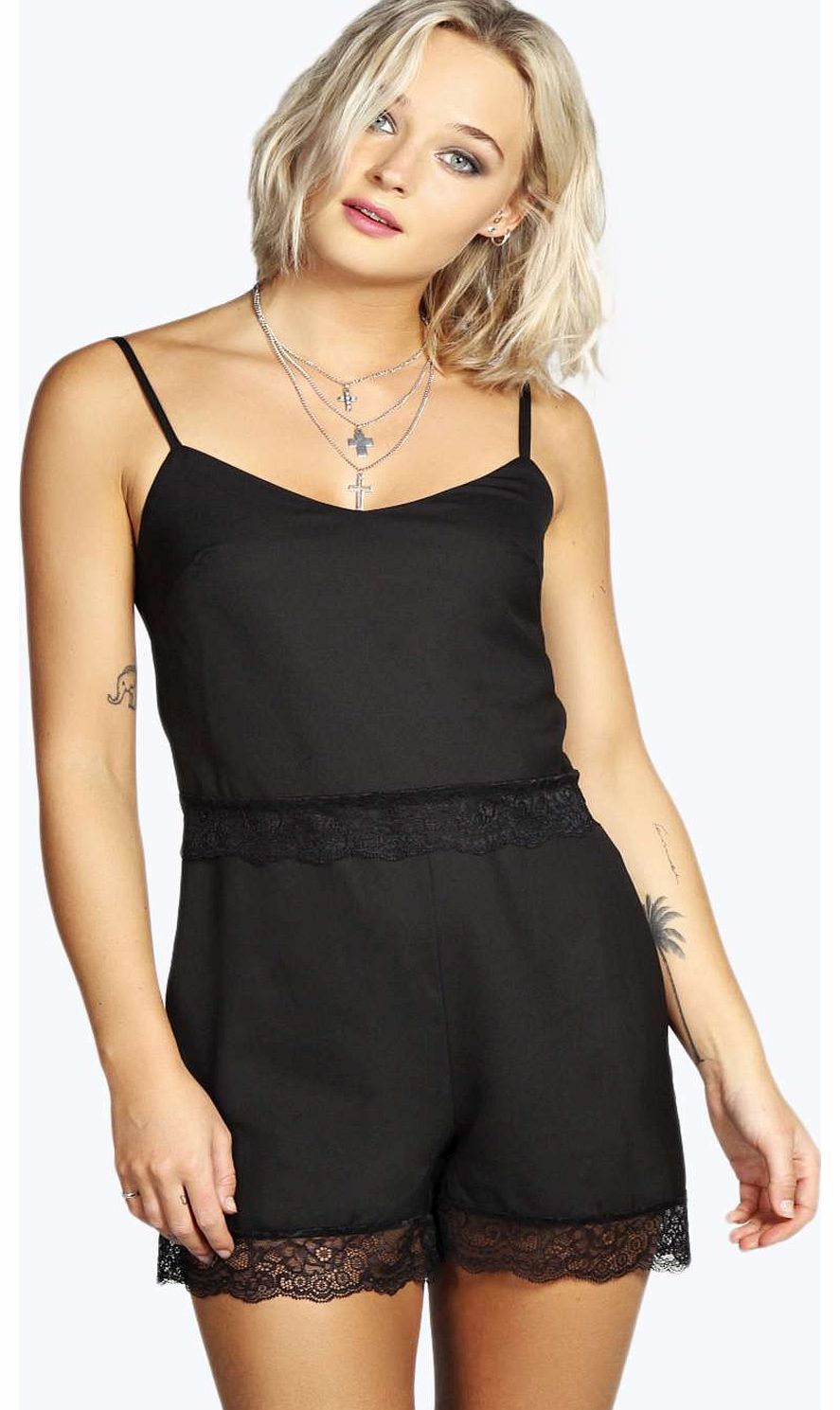 boohoo Quinn Two -Tiered Lace Trim Playsuit - black
