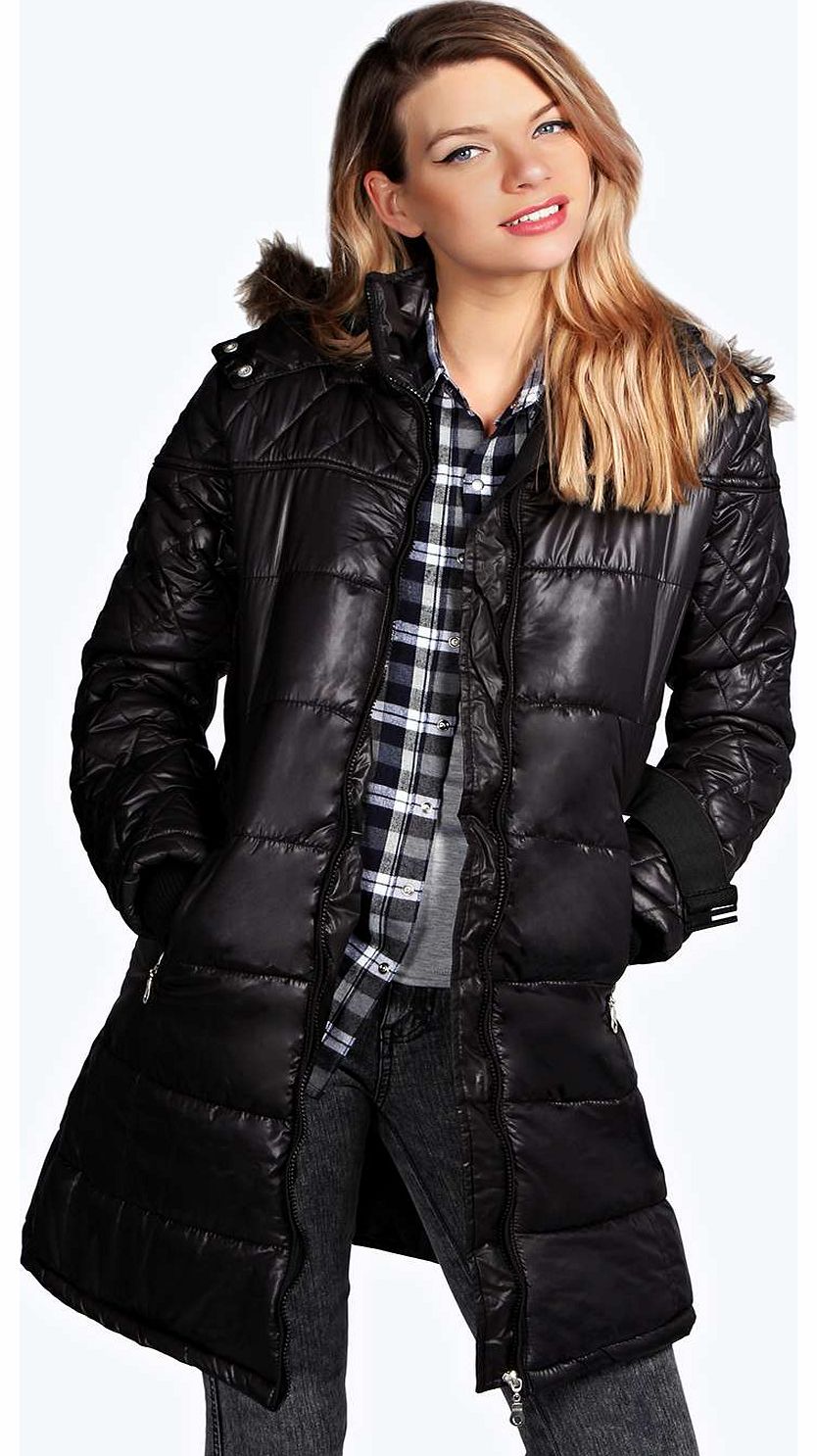 Rachel Belted Padded Coat Fur Trim Hood - black