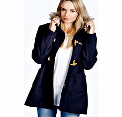 boohoo Rae Faux Fur Trim Hood Rope Toggle Duffle Coat -