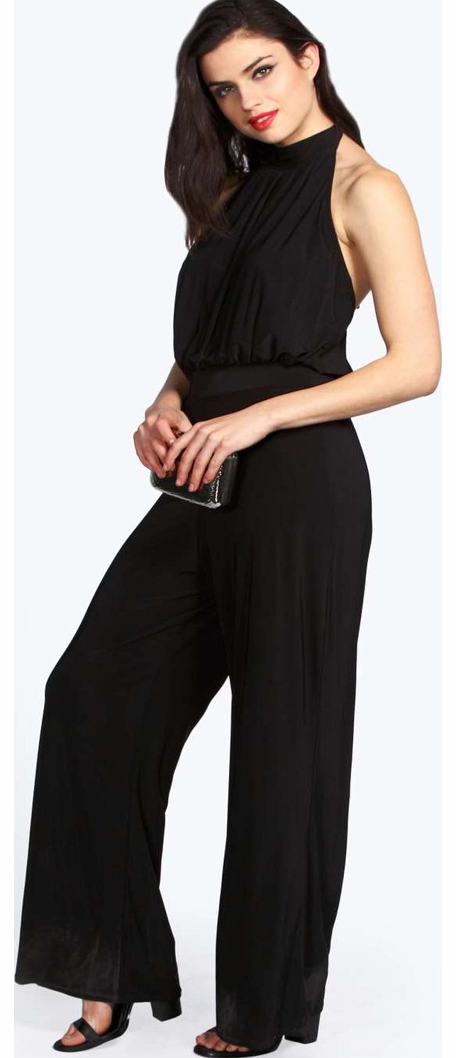 boohoo Ragina Slinky High Neck Halter Jumpsuit - black