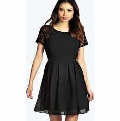 boohoo Raina Lace Sleeve Tie Back Skater Dress - black