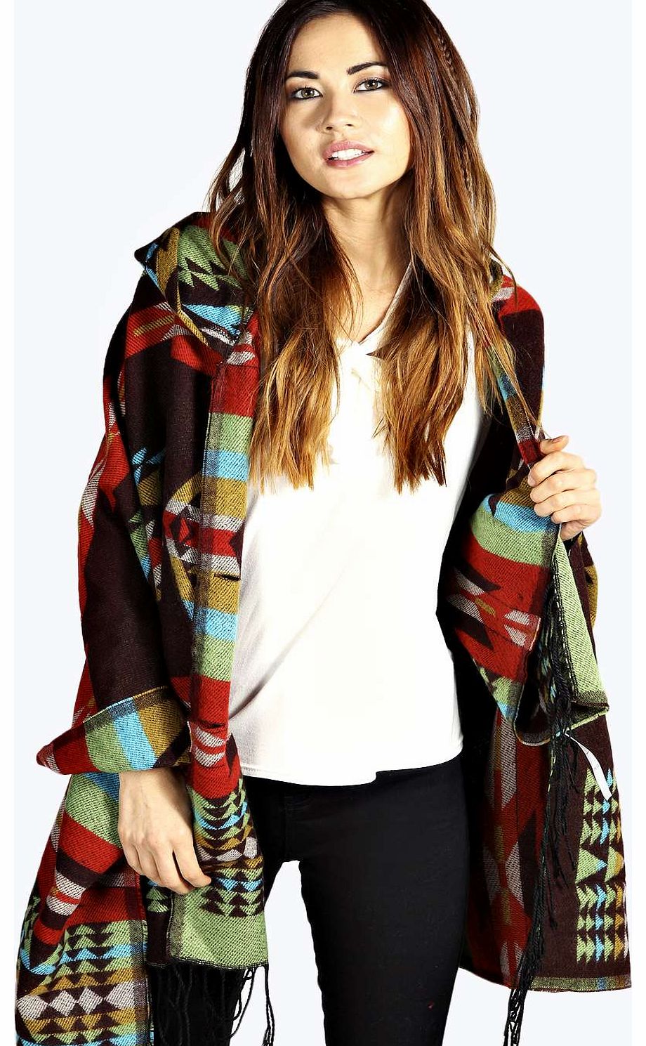 Ramona Hooded Aztec Blanket - black azz17424