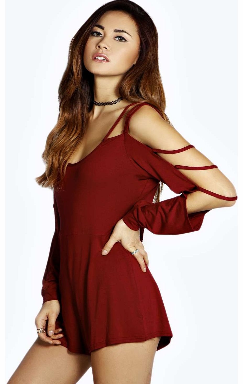 boohoo Raquel Caged Sleeve Playsuit - berry azz17808