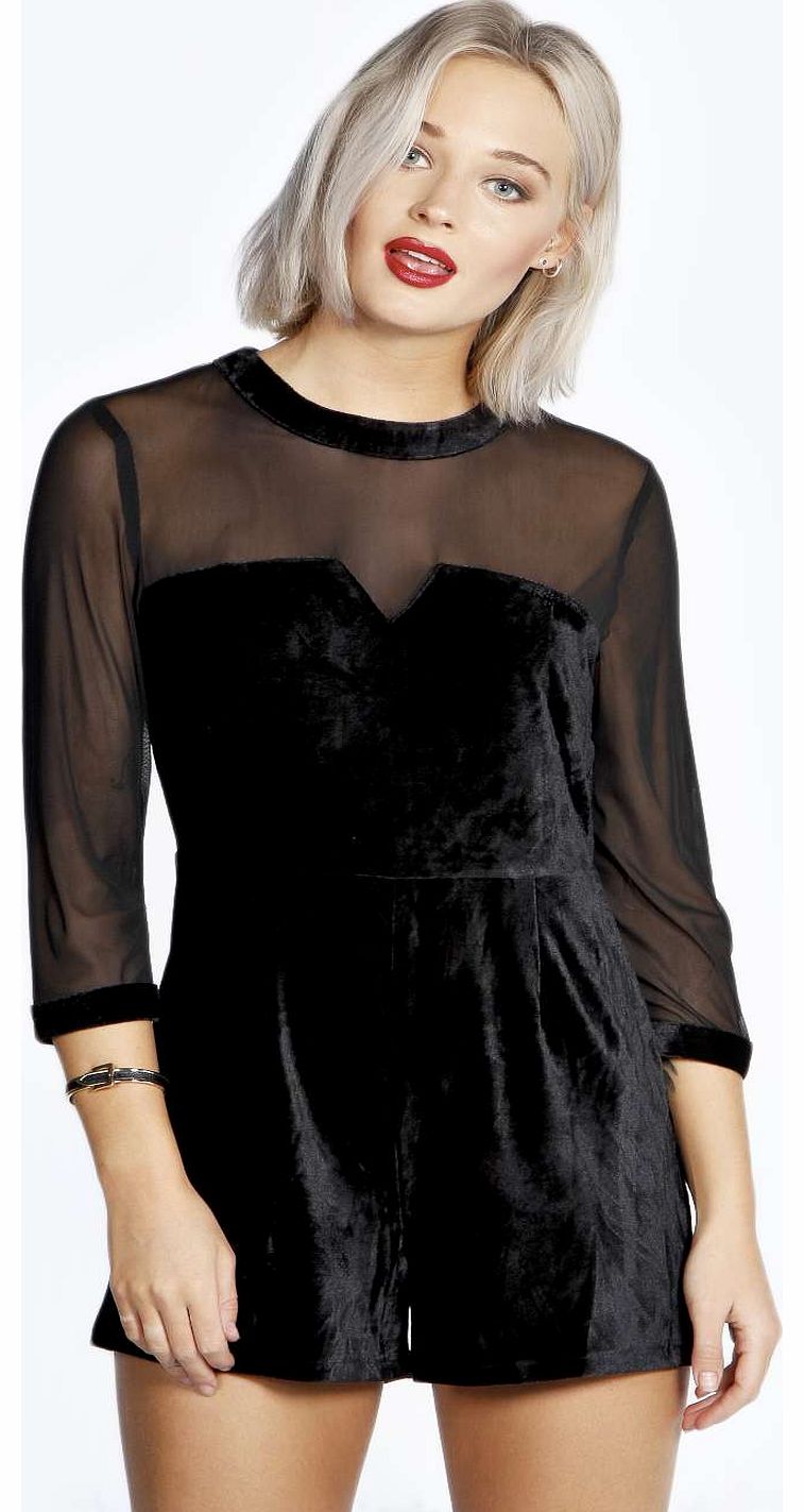boohoo Rhona Luxe Velvet Mesh Sleeve Playsuit - black