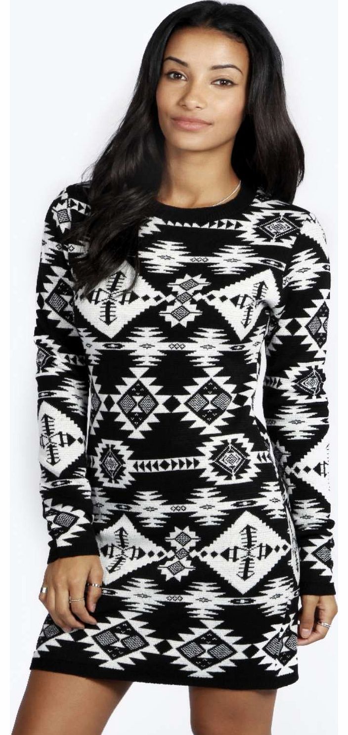 boohoo Ria Abstract Aztec Knitted Jumper Dress - black