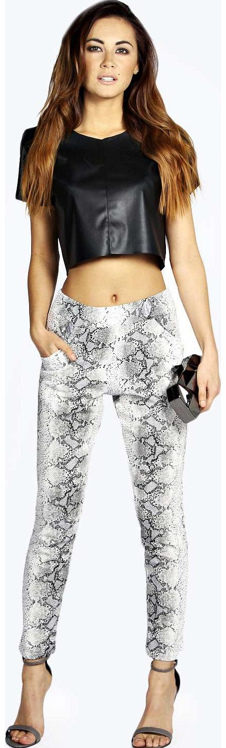 boohoo Riley Python Print Tapered Leg Trousers - grey