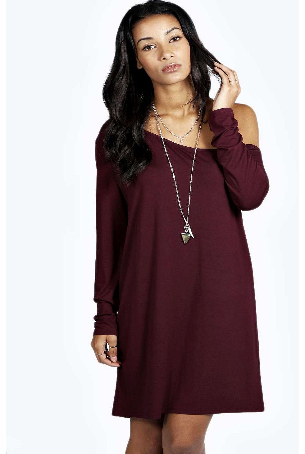 boohoo Rita Slash Neck Long Sleeve Slouch Dress - berry