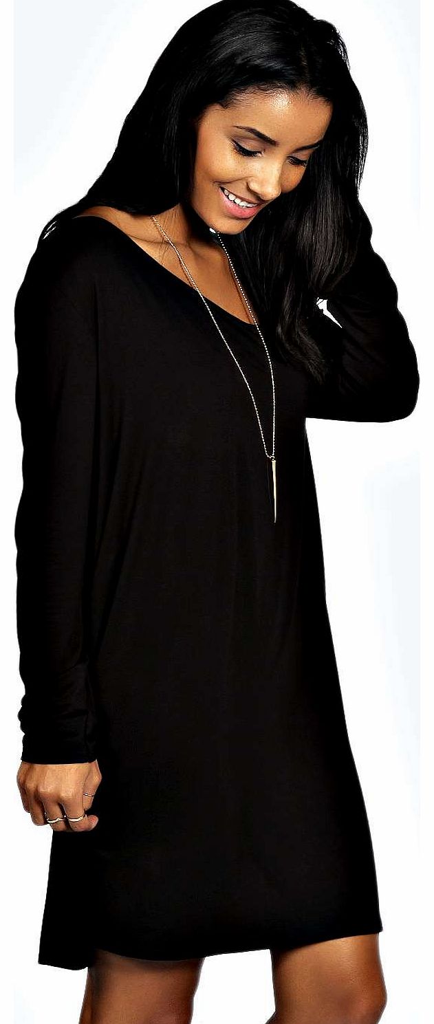 boohoo Rita Slash Neck Long Sleeve Slouch Dress - black