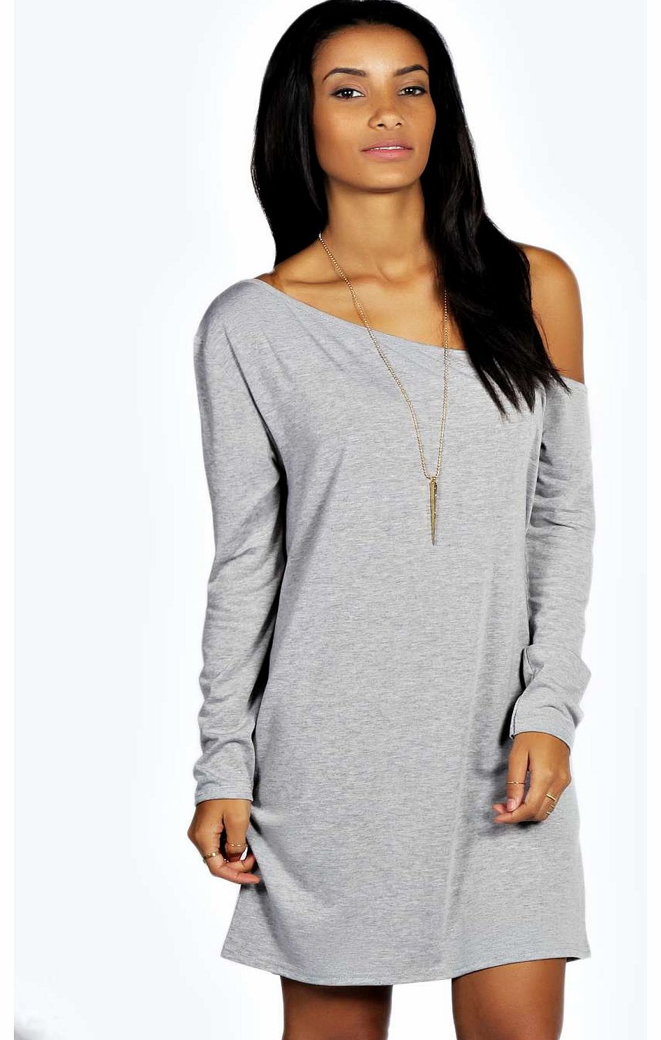 boohoo Rita Slash Neck Long Sleeve Slouch Dress - grey