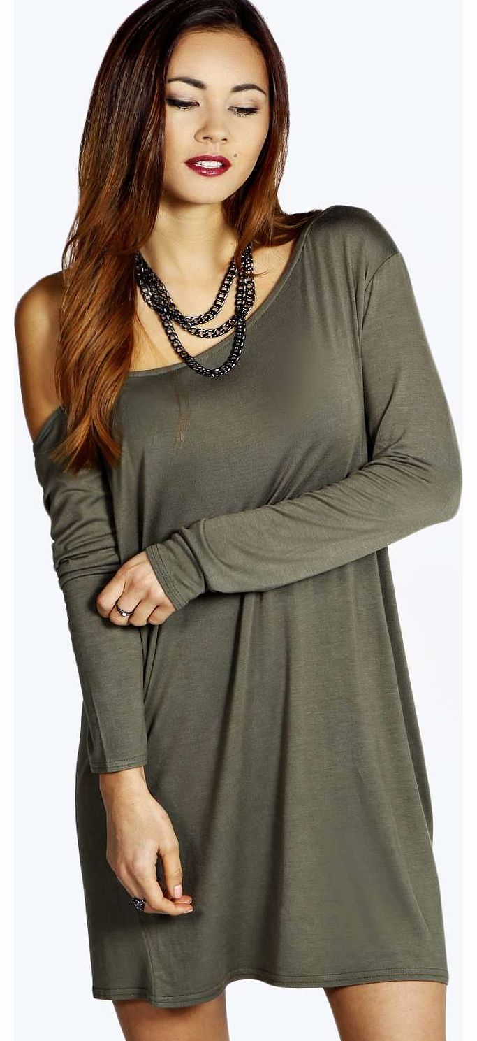 boohoo Rita Slash Neck Long Sleeve Slouch Dress - khaki
