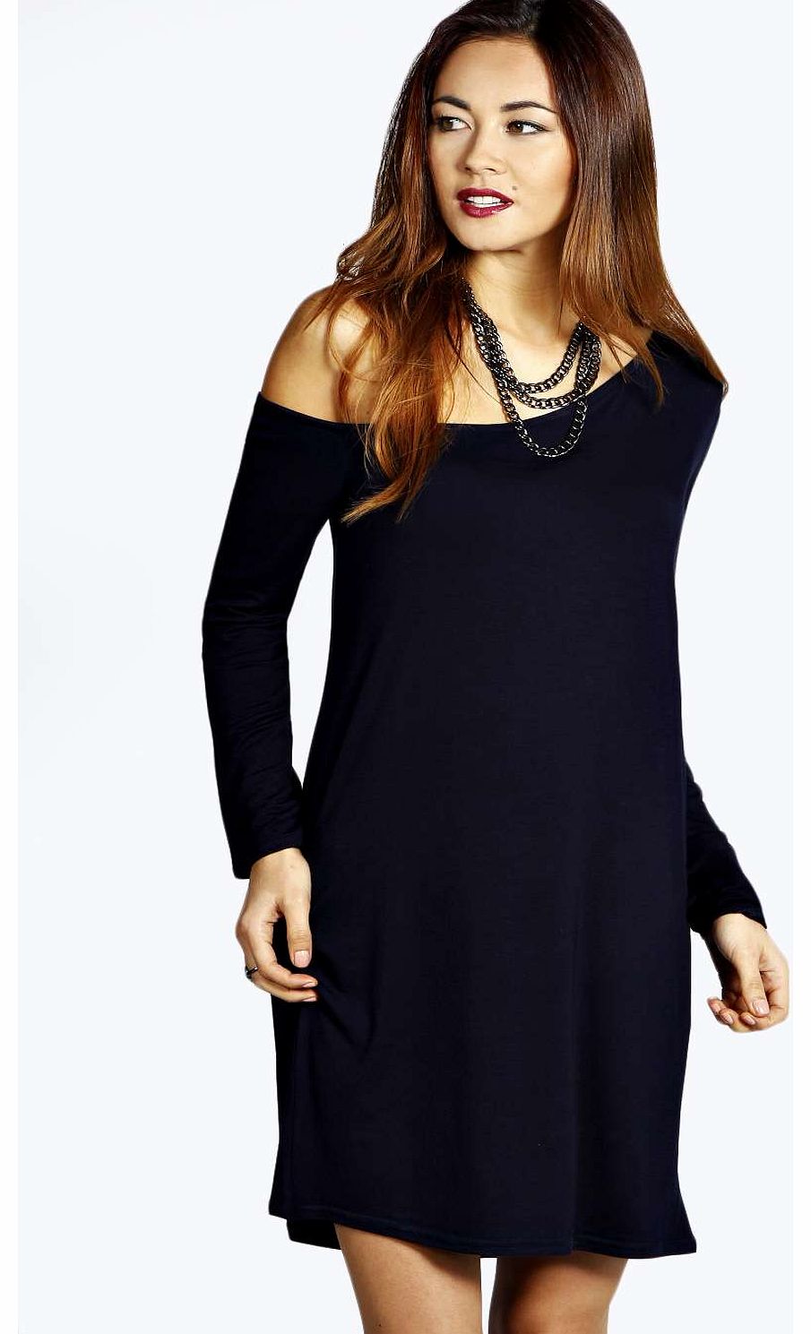 boohoo Rita Slash Neck Long Sleeve Slouch Dress - navy