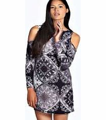 boohoo Rosa Printed Open Shoulder Shift Dress - black
