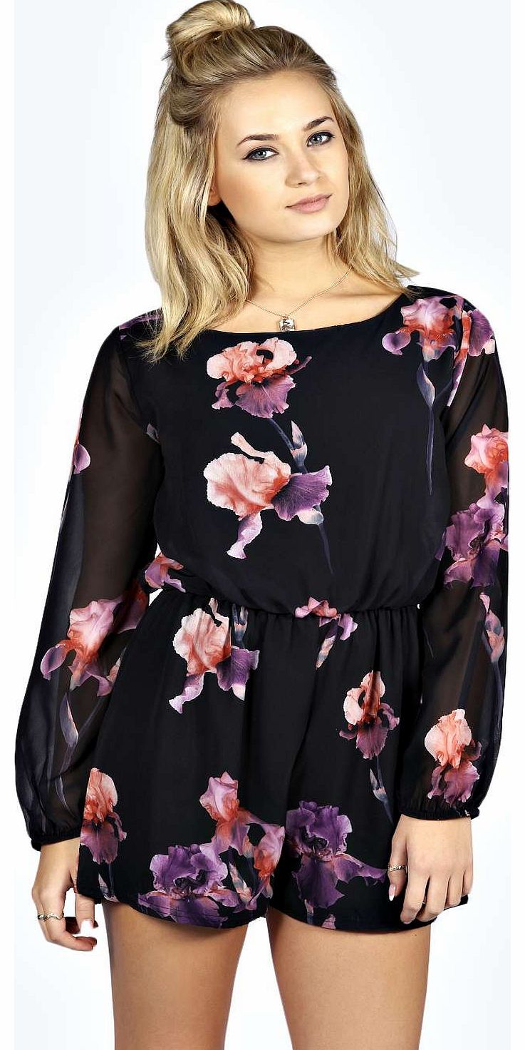 Rose Long Sleeve Floral Chiffon Playsuit - black