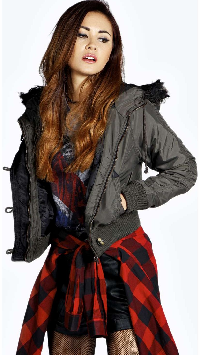 boohoo Roslyn MA1 Bomber Jacket With Hood - khaki