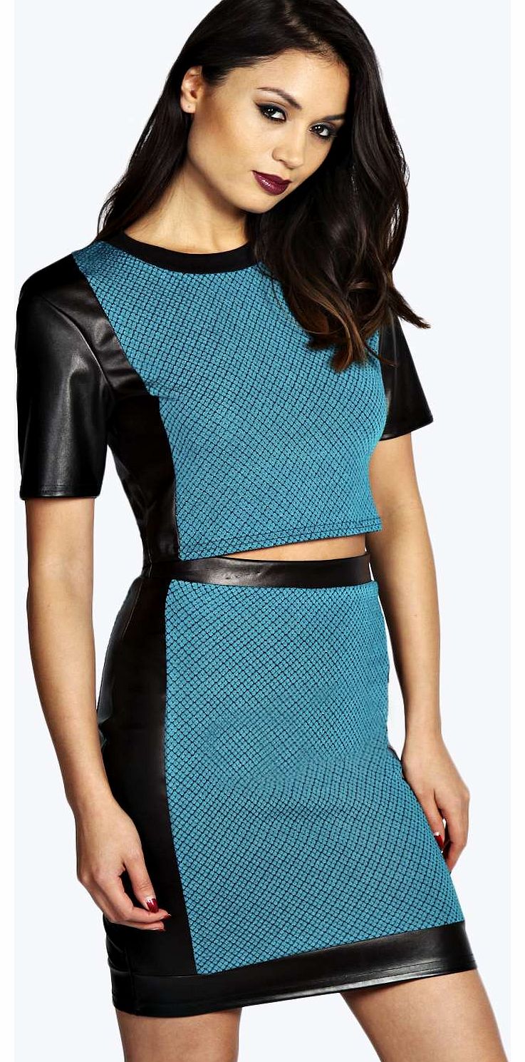 Roxy PU Panel Textured Bodycon Skirt - teal