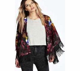 boohoo Ruby Fringed Dark Floral Kimono - multi azz20601