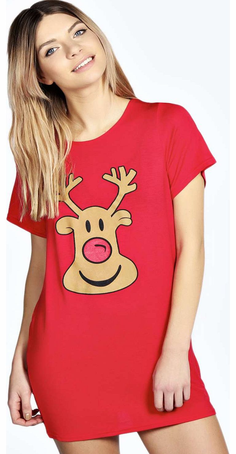 boohoo Ruby Reindeer Oversized T-shirt Nightdress - red