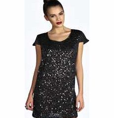 boohoo Ruby Sequin Front Capped Sleeve Shift Dress -