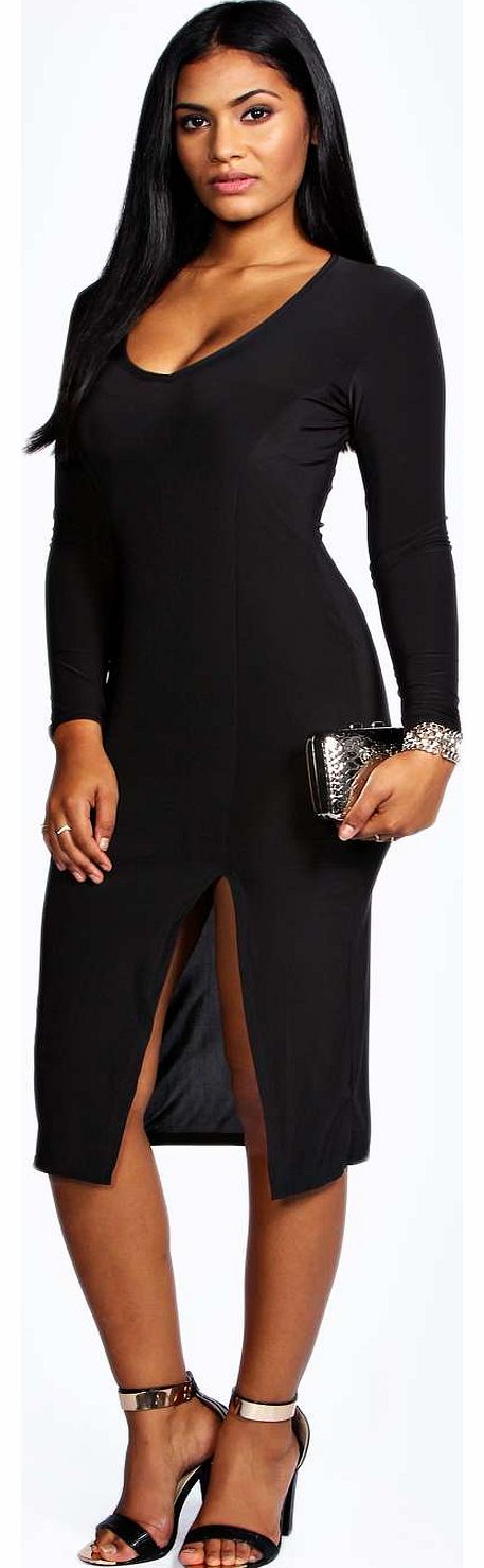 boohoo Ruth Slinky Plunge Midi Dress - black azz17736