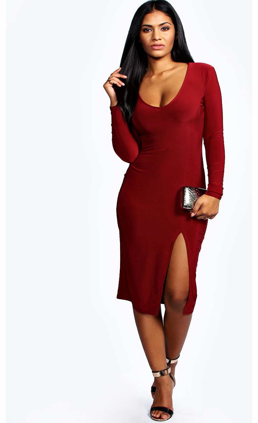 boohoo Ruth Slinky Plunge Midi Dress - wine azz17736