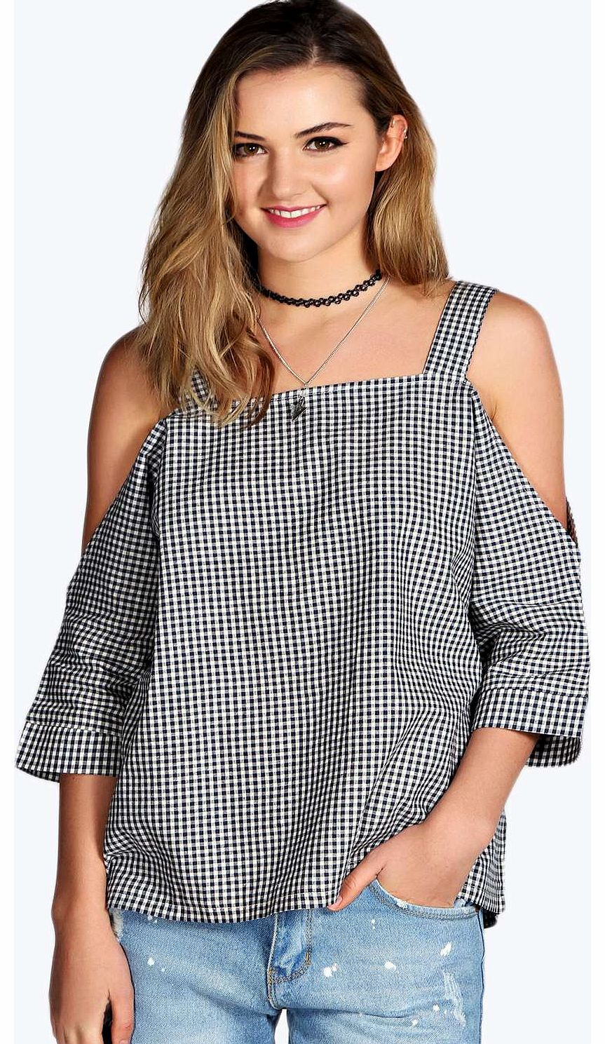 boohoo Sadie Gingham Cut Out Shoulder Top - blue azz16439