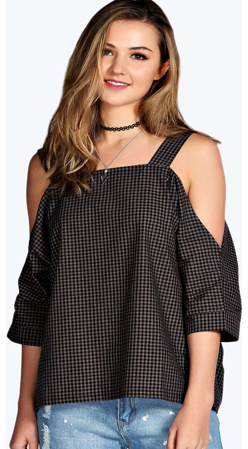 boohoo Sadie Gingham Cut Out Shoulder Top - grey azz16439