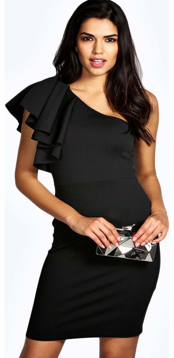 boohoo Saffron Ruffle One Shoulder Midi Dress - black